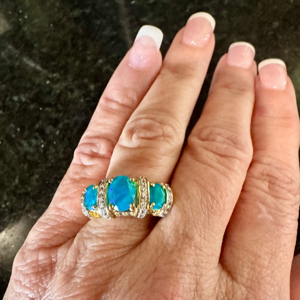 Elegant Paraiba Opal, Swiss Blue Topaz and White Zircon Women's Ring